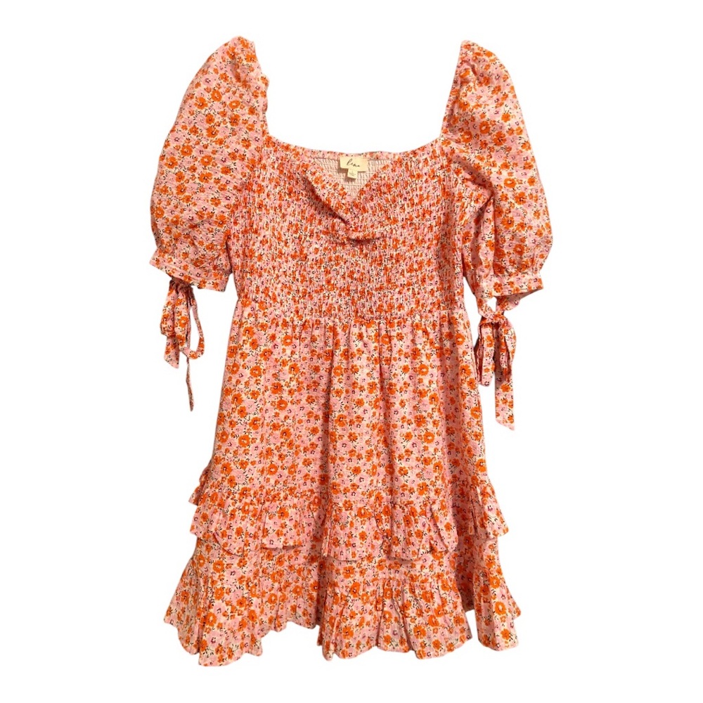 Lena Orange and Pink Floral 100% Cotton Smocked Tiered Dress Size L